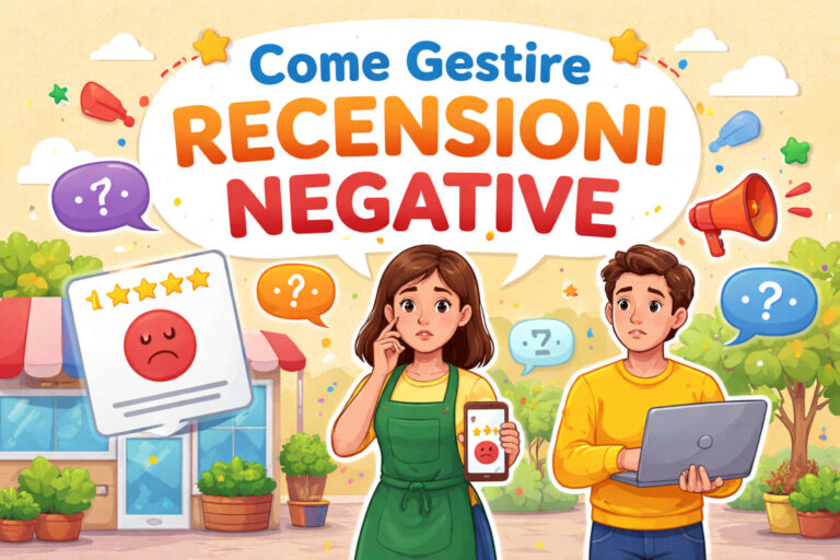 Due proprietari preoccupati si trovano davanti a un negozio, con in mano un telefono e un computer portatile con le icone delle recensioni negative. Il testo in italiano recita Come Gestire Recensioni Negative e aumentare le recensioni. Punti interrogativi e simboli colorati li circondano.