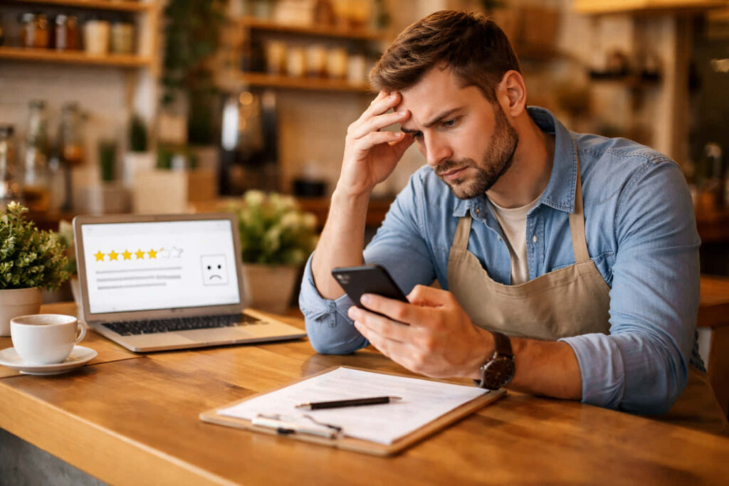 Un uomo preoccupato che indossa un grembiule è seduto al bancone di un bar e guarda il suo smartphone. Un portatile vicino mostra una recensione a 3 stelle con una faccia triste: si chiede come aumentare le recensioni. Sul bancone ci sono una tazza di caffè e una cartellina con dei fogli.