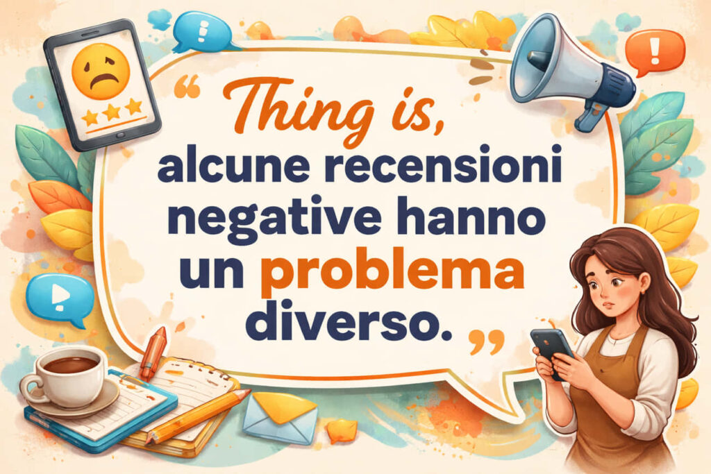 Una donna con un telefono in mano si trova accanto a una bolla che dice: "Il fatto è che alcune recensioni negative hanno un problema diverso". Intorno a lei ci sono icone, un tablet con una faccia triste, una tazza di caffè, un megafono, foglie d'autunno... Tutti cercano di aumentare le recensioni.