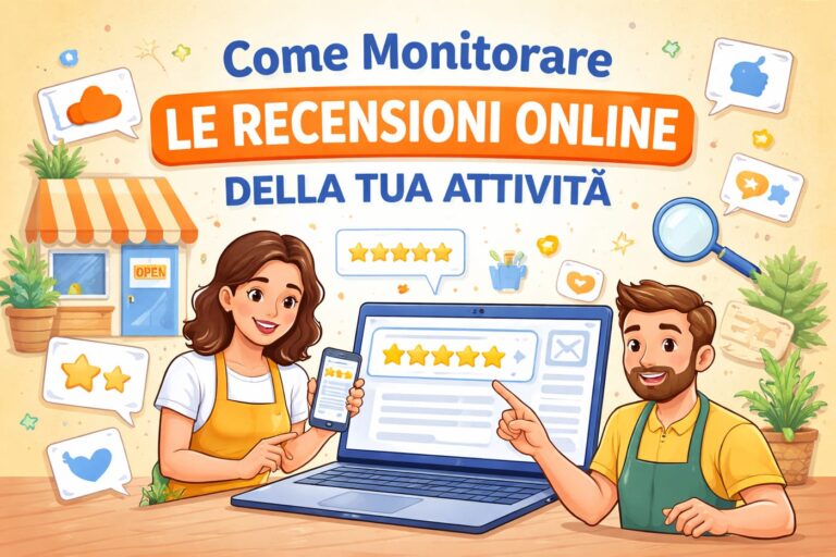 Illustrazione di una donna e di un uomo sorridenti in un negozio che controllano le recensioni online su un computer portatile e uno smartphone. Il testo in italiano recita: Come aumentare le recensioni e monitorare le recensioni online della tua attività.
