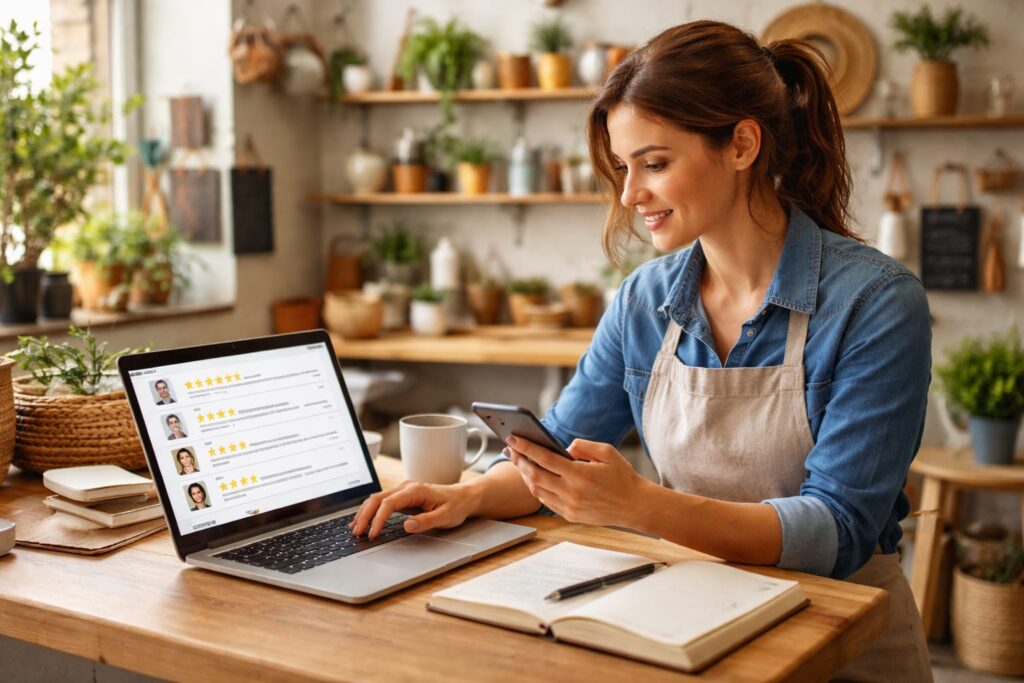 Una donna con il grembiule siede a un tavolo di legno e sorride mentre usa lo smartphone e il computer portatile per aumentare le recensioni. Sul tavolo ci sono un quaderno aperto, una penna e una tazza di caffè; piante e scaffali riempiono la stanza luminosa.
