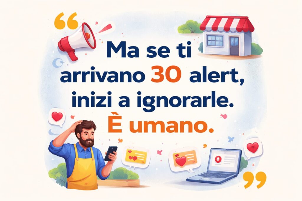 Vignetta di un uomo che tiene in mano un telefono e sembra stressato, circondato da notifiche di allarme. Il testo in italiano recita: Ma se ti arrivano 30 avvisi, inizia a ignorarli. È umano. Le icone di un negozio, di un computer portatile, di aumentare le recensioni e delle notifiche completano la scena.