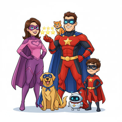 Una famiglia di supereroi dei cartoni animati posa insieme, pronta ad aumentare le recensioni, con una donna in viola, un uomo e un ragazzo in rosso con mantelli blu, un cane giallo con una maschera blu, un piccolo robot e un gatto arancione appollaiato sulla mano dell'uomo.