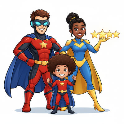 Una famiglia di supereroi posa con sicurezza. Il papà e la mamma indossano costumi rossi e blu con mantelli; la mamma tiene in mano stelle luminose, ispirando gli altri ad aumentare le recensioni. Il loro bambino, anch'egli in costume rosso, sorride coraggiosamente davanti a loro.
