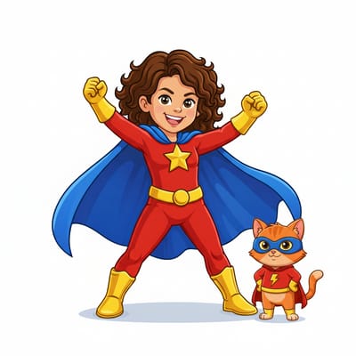 Un bambino sorridente in costume da supereroe rosso con mantello blu e stivali gialli sta in piedi fiducioso con le braccia alzate, pronto ad aumentare le recensioni. Accanto a loro c'è un gatto arancione che indossa un mantello rosso, una maschera e un fulmine giallo sul petto.