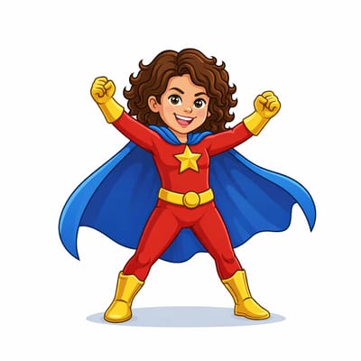 Illustrazione di una ragazza sorridente con capelli ricci e castani che indossa un costume da supereroe rosso con una stella gialla, stivali e guanti gialli e un mantello blu, in piedi con i pugni alzati con sicurezza, pronta ad aumentare le recensioni come un vero eroe.