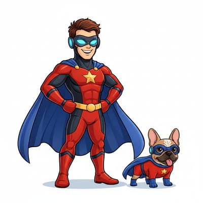 Un supereroe sorridente con un costume rosso e blu con una stella gialla si erge fiducioso accanto a un Bulldog francese con un costume e una maschera da supereroe abbinati, pronto ad aumentare le recensioni con il loro fascino eroico.