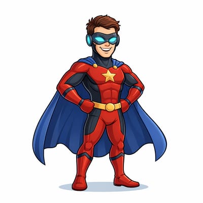 Supereroe dei cartoni animati con i capelli castani, che indossa una tuta rossa e nera con una stella gialla sul petto, guanti, stivali e mantello blu e occhiali blu, pronto ad aumentare le recensioni mentre si erge con sicurezza con le mani sui fianchi.