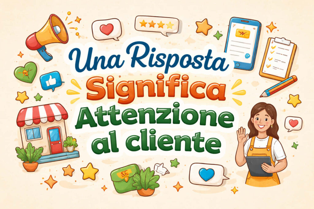 Illustrazione con testo in italiano: Una Risposta Significa Attenzione al cliente. Le immagini di contorno includono una donna che saluta, un telefono cellulare, un blocco per appunti, un negozio, piante, un megafono, cuori, stelle e icone di pollice in su... Perfetta per chi vuole aumentare le recensioni.