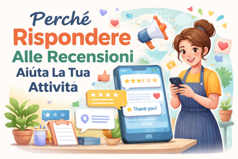 Una donna sorridente con un grembiule usa il suo telefono accanto a un grande smartphone che mostra recensioni a cinque stelle, pollici in su e note di ringraziamento. Il testo in italiano promuove il rispondere ai clienti per aumentare le recensioni e far crescere il business.