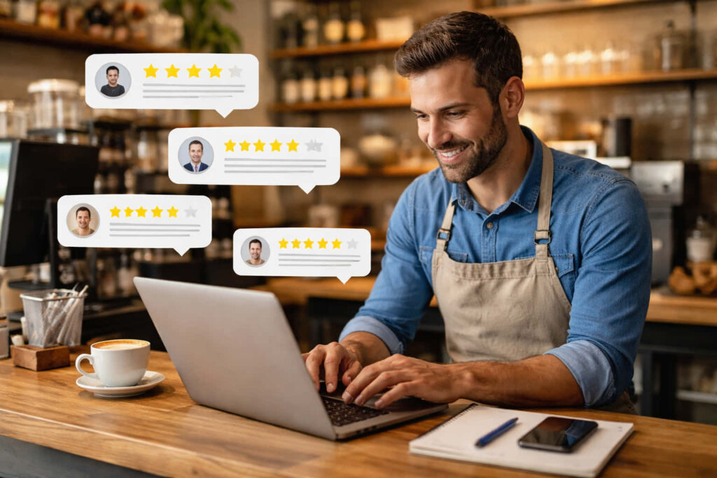 Un barista sorridente con un grembiule lavora su un computer portatile al bancone di una caffetteria, circondato da icone illustrate di recensioni di clienti con immagini di profilo e valutazioni a stelle, alla ricerca di modi per aumentare le recensioni positive del locale.