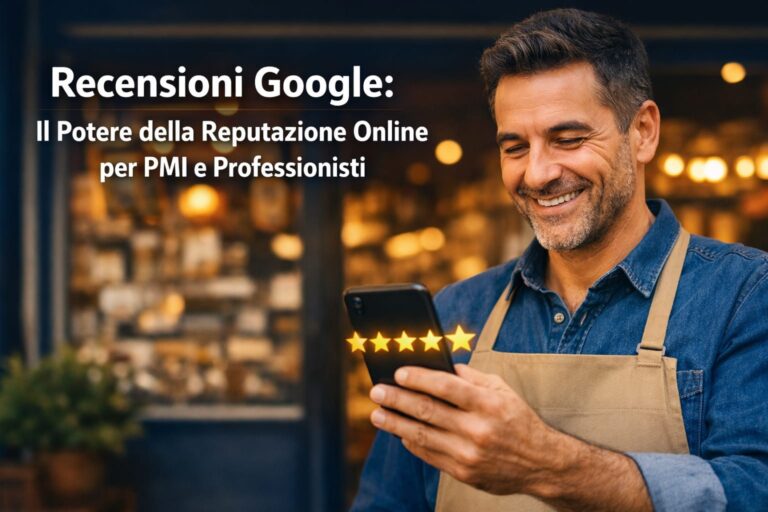 Un uomo sorridente con un grembiule guarda il suo telefono, con cinque stelle visibili sullo schermo. Il testo in italiano recita: Recensioni Google: Aumentare le recensioni e il Potere della Reputazione Online per PMI e Professionisti.