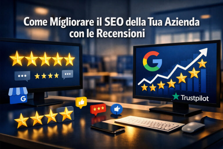 Due monitor di computer visualizzano le valutazioni a cinque stelle, il logo di Google, le icone delle recensioni e un grafico crescente. Il testo recita Come Migliorare il SEO della Tua Azienda con le Recensioni e aumentare le recensioni. Le immagini di Trustpilot e Google sono visibili.