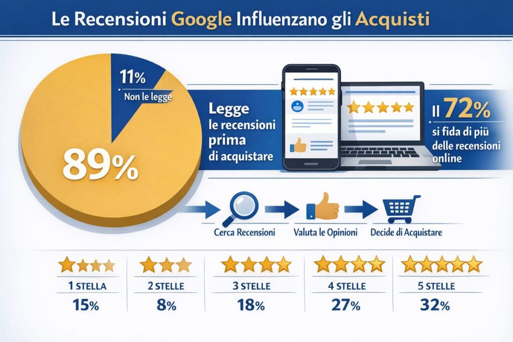 Infografica in italiano: l'89% legge le recensioni di Google prima di acquistare, il 72% si fida delle recensioni online. Le valutazioni stellari influenzano gli acquisti: aumentare le recensioni positive può far crescere le scelte fino al 32%.