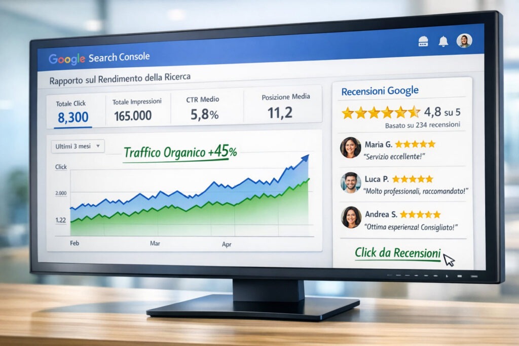Il monitor di un computer visualizza un rapporto di Google Search Console in italiano che mostra l'aumento del traffico organico, le metriche chiave e le recensioni positive di Google con valutazioni a stelle e commenti degli utenti sulla destra, evidenziando strategie per aumentare le recensioni.