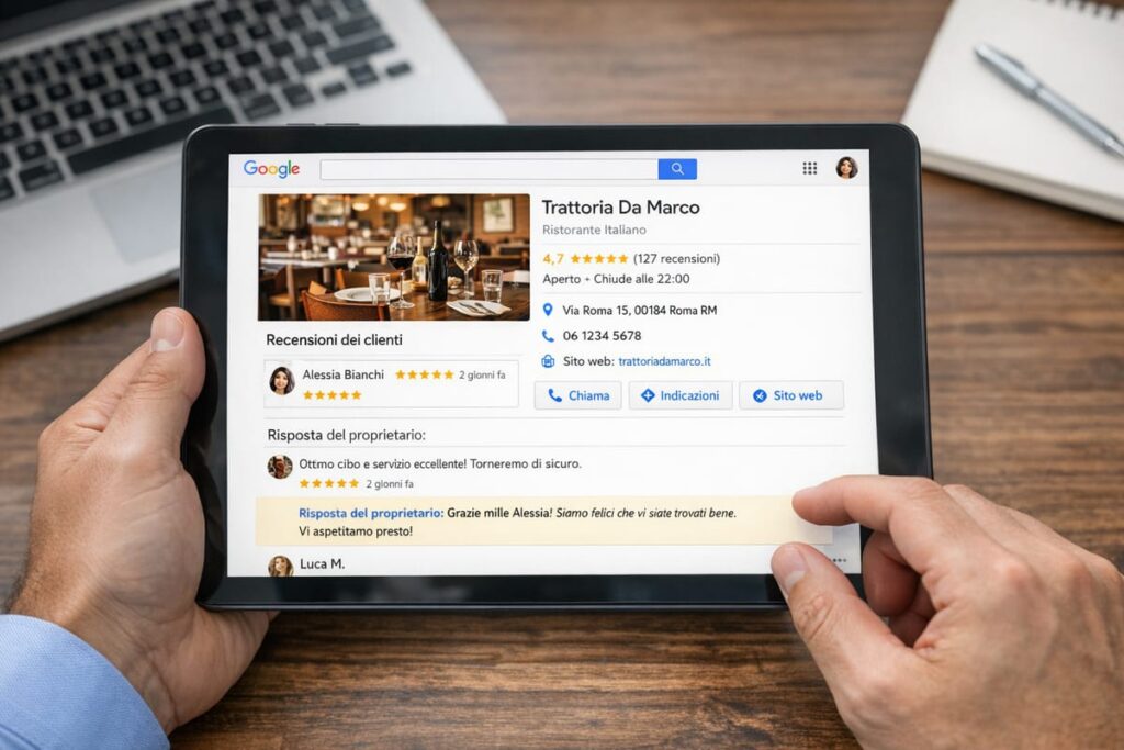 Una persona tiene in mano un tablet che visualizza l'inserzione di Google della Trattoria Da Marco, un ristorante italiano di Roma, con recensioni, valutazione, indirizzo, informazioni di contatto, consigli per aumentare le recensioni e foto dell'interno; sulla scrivania ci sono un computer portatile e dei documenti.
