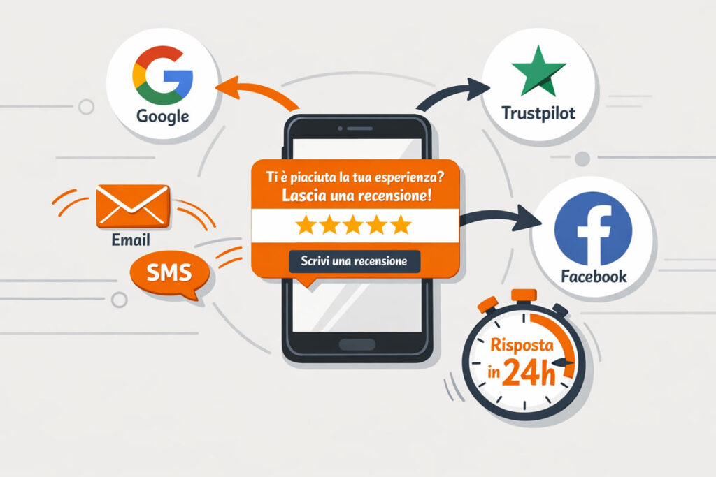 Un telefono con una richiesta di recensione in italiano è circondato da icone per Google, Trustpilot, Facebook, e-mail, SMS e un cronometro con la dicitura Risposta in 24h, mostrando opzioni rapide per aumentare le recensioni e ricevere feedback veloci.