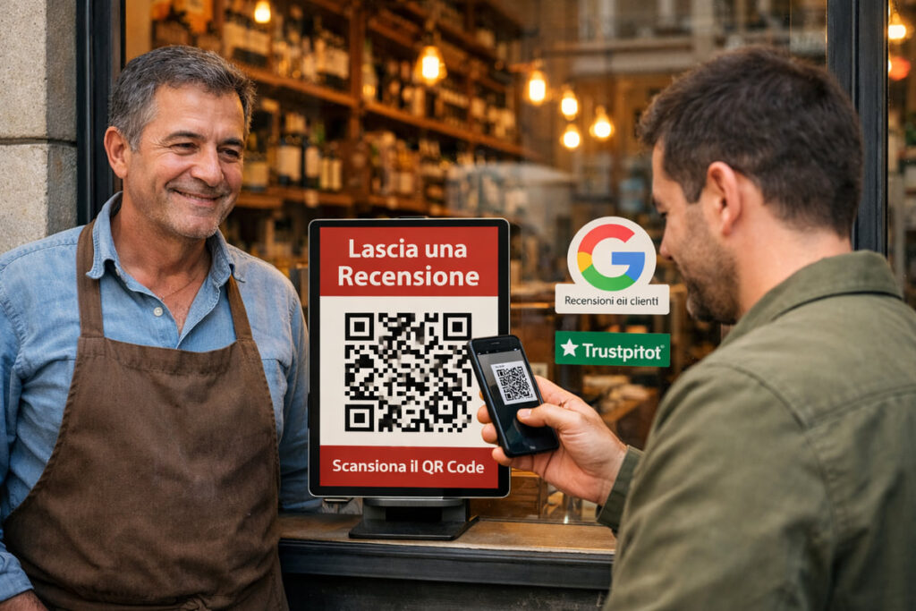 Il proprietario di un negozio sorridente si trova accanto a una postazione di recensioni con un cartello con un codice QR che dice Lascia una Recensione, aiuta ad aumentare le recensioni. Un cliente scansiona il codice mentre gli adesivi delle recensioni di Google e Trustpilot sono visibili sulla vetrina.
