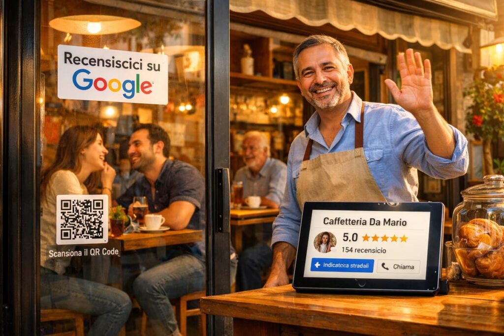Un uomo sorridente con un grembiule saluta fuori da un caffè, tenendo in mano un tablet con una recensione a 5 stelle su Google. Una coppia siede all'interno e un codice QR sulla porta a vetri con testo in italiano invita i clienti ad aumentare le recensioni su Google.