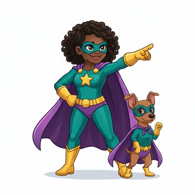 Una giovane supereroina nera in abito verde e mantello viola si erge fiduciosa, puntando in avanti, accanto a un cagnolino in costume coordinato: entrambi indossano maschere ed emblemi stellari, ispirando altri eroi che mirano ad aumentare le recensioni con le loro azioni coraggiose.