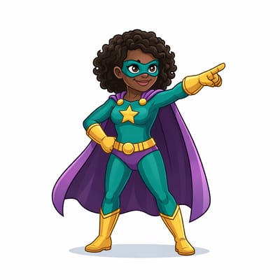 Un supereroe dei cartoni animati con i capelli ricci, che indossa una tuta verde con una stella gialla, guanti e stivali gialli, un mantello viola e una maschera verde, punta con sicurezza in avanti con un sorriso, pronto ad aumentare le recensioni con energia eroica.