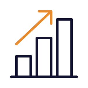 Un semplice grafico a barre con tre barre crescenti e una freccia arancione verso l'alto sopra di esse, che rappresenta la crescita o il progresso in aumentare recensioni.