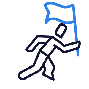 Semplice disegno al tratto di una persona che corre tenendo in alto una bandiera blu, che rappresenta il raggiungimento di un obiettivo, perfetto per illustrare strategie di successo come aumentare le recensioni.