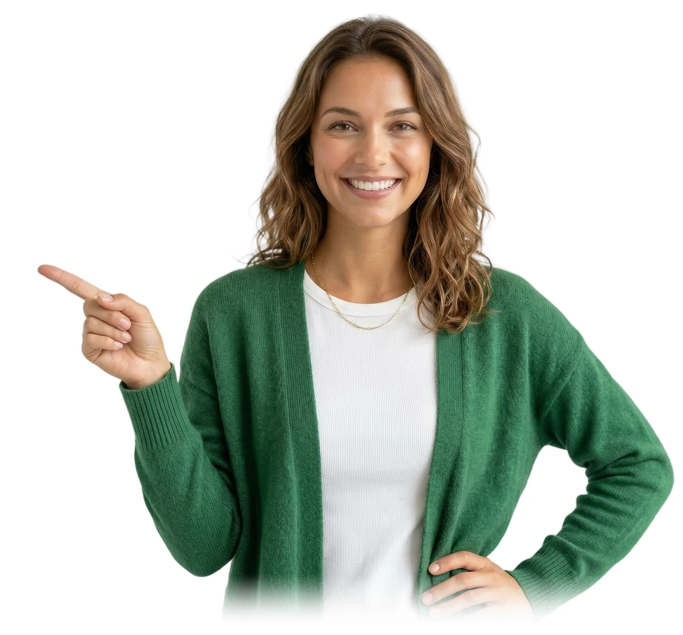 Smiling woman in green cardigan pointing left