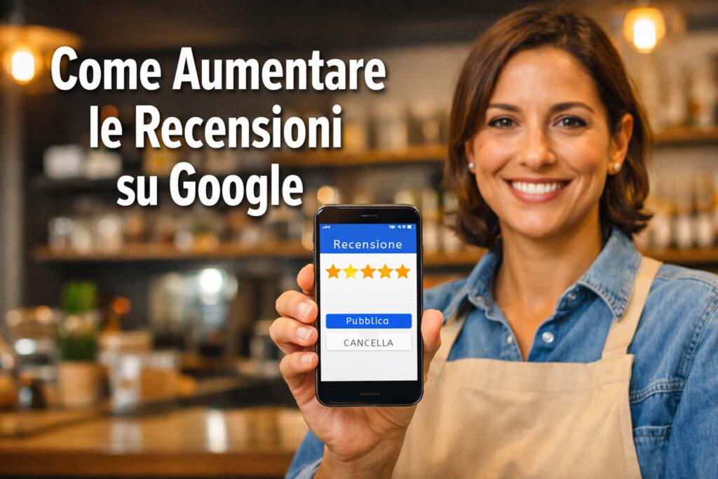 Una donna sorridente con un grembiule tiene in mano un telefono con una recensione a 5 stelle su Google. Il testo dell'immagine in italiano recita Come Aumentare le Recensioni su Google in un caffè.