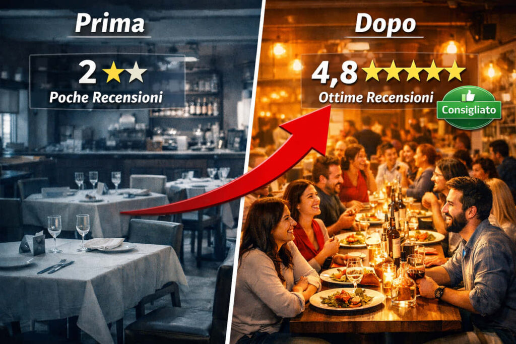 Un'immagine divisa mette a confronto un ristorante quasi vuoto e poco valutato sulla sinistra con un ristorante vivace, affollato e molto valutato sulla destra, con valutazioni e testo in italiano che evidenziano il miglioramento.