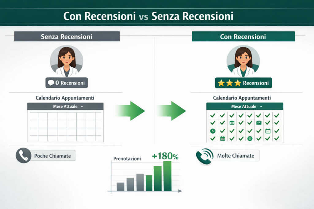 Un grafico di confronto mostra un medico senza recensioni sulla sinistra e con molte recensioni sulla destra. Il lato destro ha un maggior numero di appuntamenti e chiamate, con un aumento del grafico a barre del +180%, che illustra l'impatto delle recensioni positive.