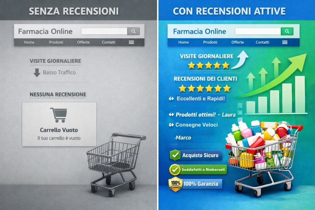 Immagine di confronto: Il lato sinistro mostra un sito di farmacia online noioso, con un carrello vuoto e nessuna recensione; il lato destro mostra un sito vivace, con molte recensioni, un carrello pieno, valutazioni elevate e un traffico crescente rappresentato da frecce in aumento.