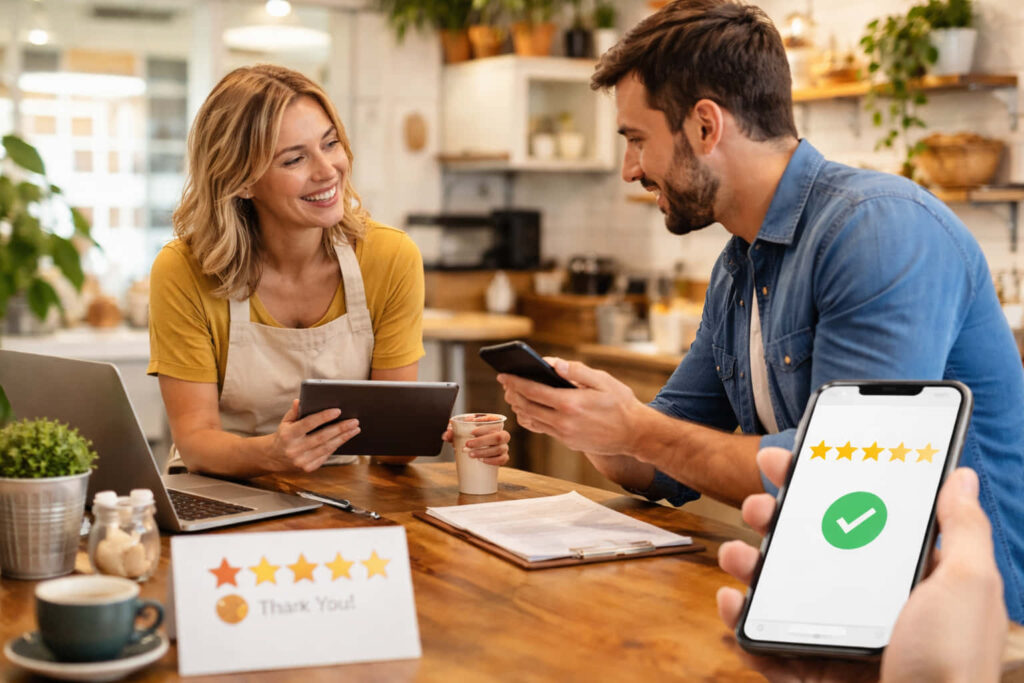 Una donna con il grembiule e un uomo siedono al bancone di un caffè, entrambi sorridenti e con in mano dispositivi digitali. Un cartello con una valutazione a cinque stelle dice Grazie! e un telefono mostra una recensione a cinque stelle con un segno di spunta verde.