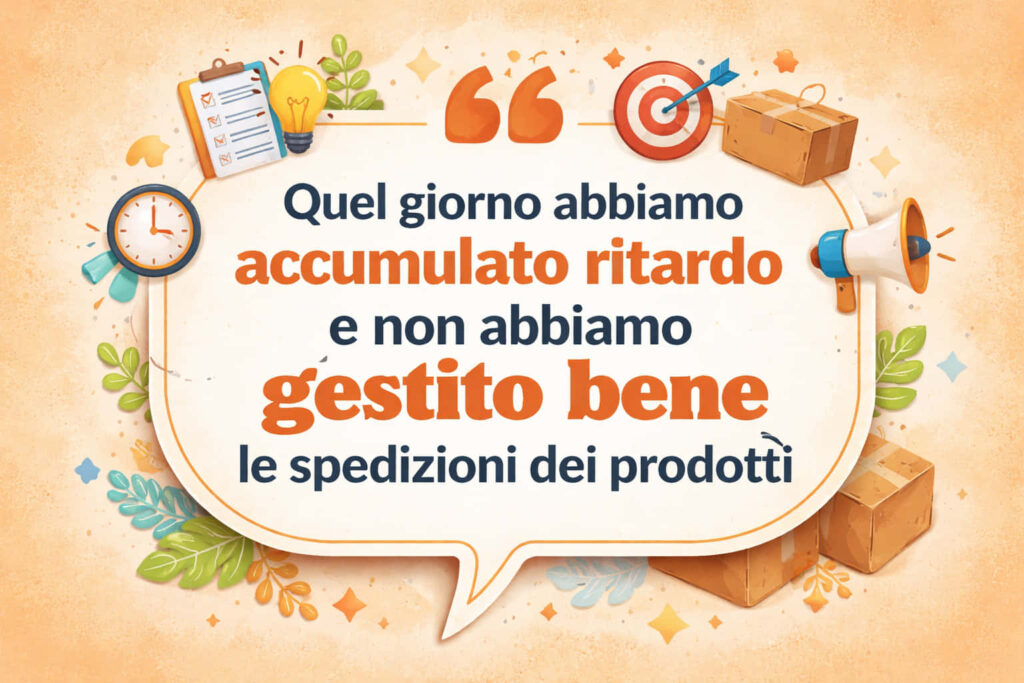 Una bolla vocale con testo in italiano sui ritardi di spedizione e sulla cattiva gestione della spedizione dei prodotti, circondata da icone come un orologio, una lista di controllo, una scatola, un megafono, un bersaglio e delle foglie su uno sfondo arancione.