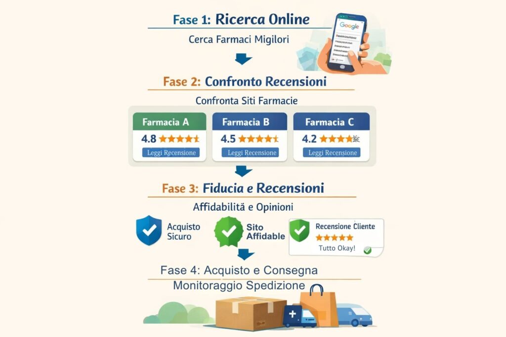 Infografica che mostra le quattro fasi dell'acquisto di farmaci online: 1. Ricerca delle farmacie, 2. Confronto delle recensioni delle farmacie, 3. Verifica dell'affidabilità e delle opinioni dei clienti, 4. Acquisto e tracciamento della consegna. Le icone illustrano ogni fase.