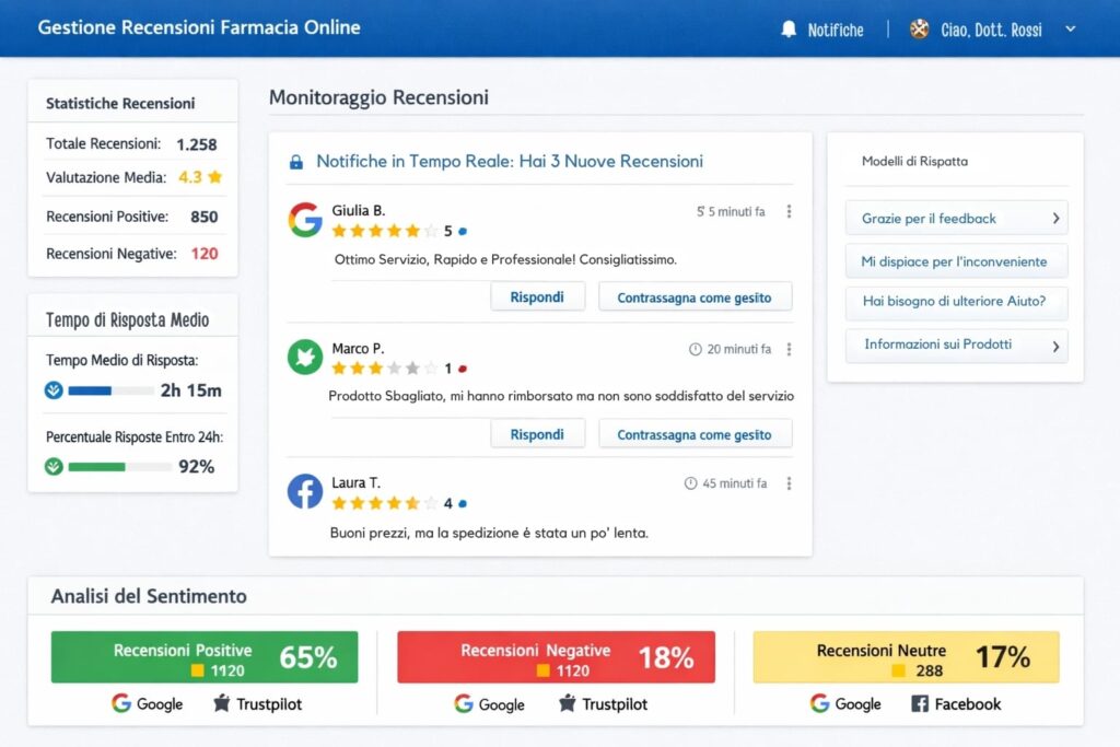 Una dashboard mostra le statistiche delle recensioni della farmacia: recensioni totali, valutazione media, analisi del sentiment e recensioni in tempo reale degli utenti con valutazioni in stelle, risposte e link rapidi per rispondere o visualizzare il feedback.