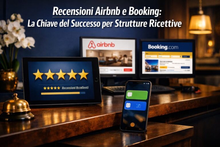 Una reception d'albergo con un tablet che mostra una recensione a cinque stelle, uno smartphone con app di messaggistica e schermi di computer che mostrano i siti web di Airbnb e Booking.com. Il testo in italiano sull'importanza delle recensioni è riportato sopra.