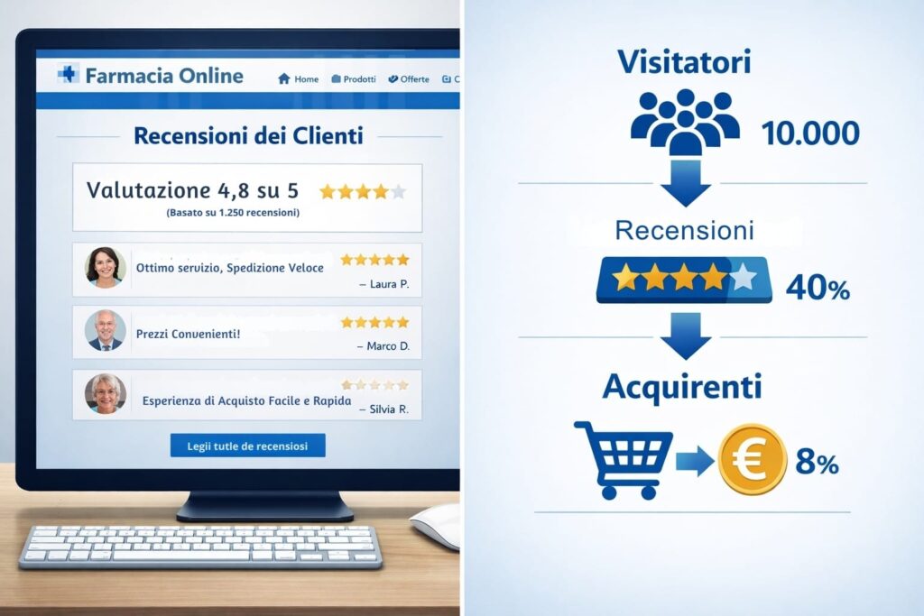 Lo schermo di un computer mostra le recensioni dei clienti di una farmacia online, con una valutazione media di 4,8 su 5. Accanto, un'infografica illustra: 10.000 visitatori, 40% di recensioni e 8% di acquisti.