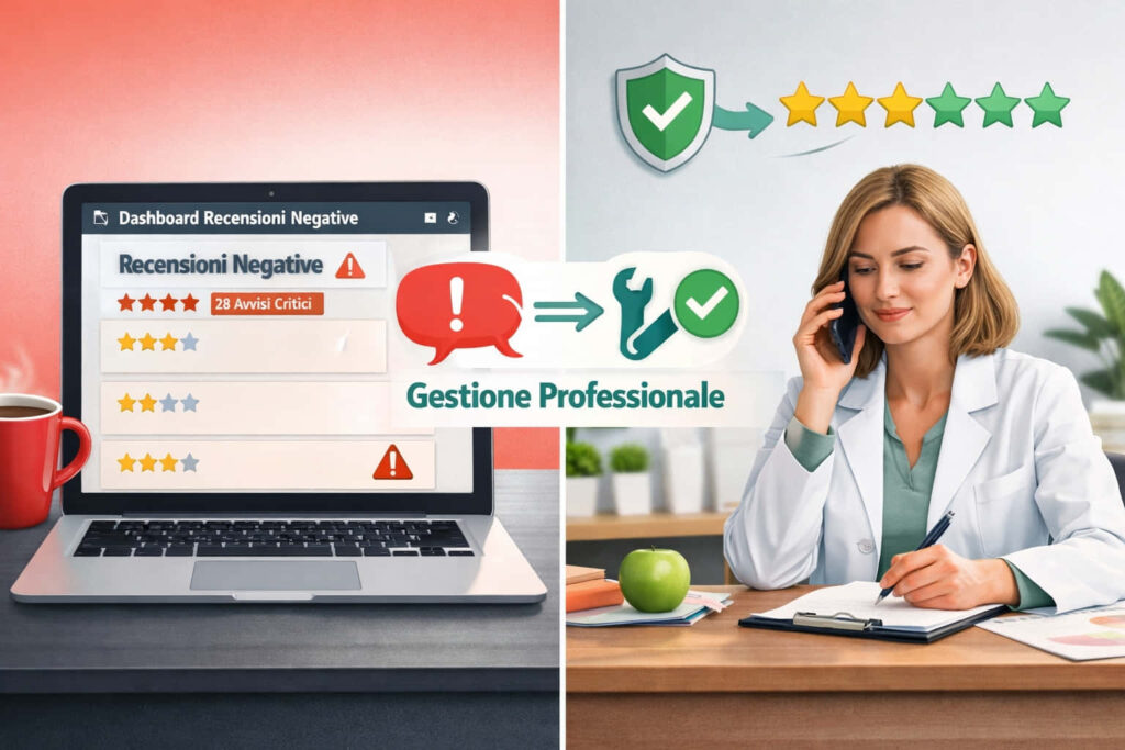 Un'immagine divisa: il lato sinistro mostra un computer portatile con avvisi di recensioni negative sullo schermo; il lato destro mostra una donna in abito da lavoro che sorride mentre parla al telefono, con valutazioni a cinque stelle e un'icona a forma di scudo sopra di lei.