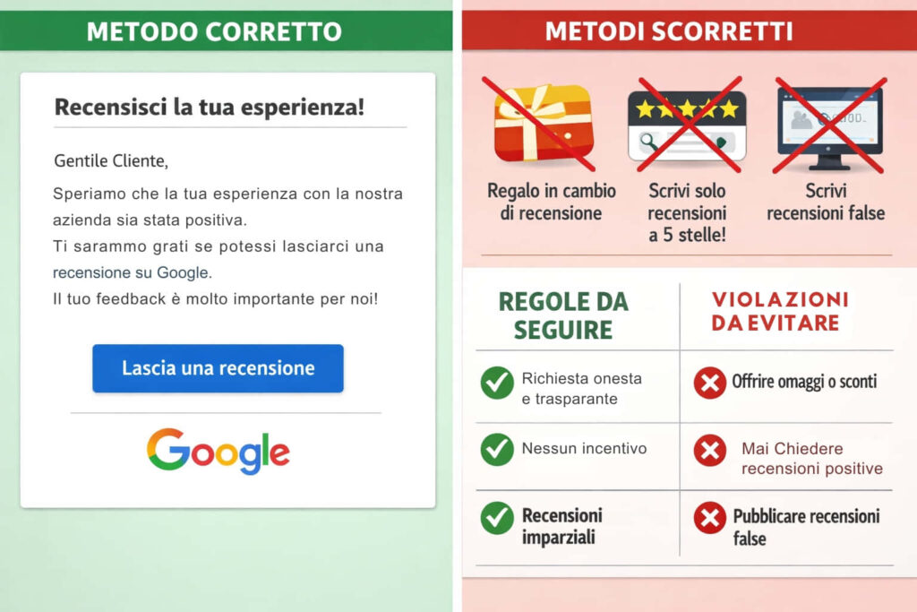Un grafico mette a confronto i metodi corretti e scorretti per la richiesta di recensioni su Google. Il pannello di sinistra mostra una richiesta di recensione educata. Il pannello di destra elenca i metodi e le regole sbagliate, tra cui non offrire regali o chiedere solo recensioni positive.