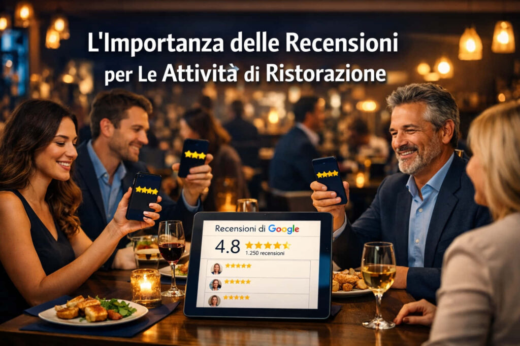 Quattro persone sedute al tavolo di un ristorante, sorridono e tengono in mano dei cartoncini con le stelle. Sul tavolo c'è un tablet che mostra un punteggio di 4,8 per le recensioni di Google. Il testo in alto recita: LImportanza delle Recensioni per Le Attività di Ristorazione.