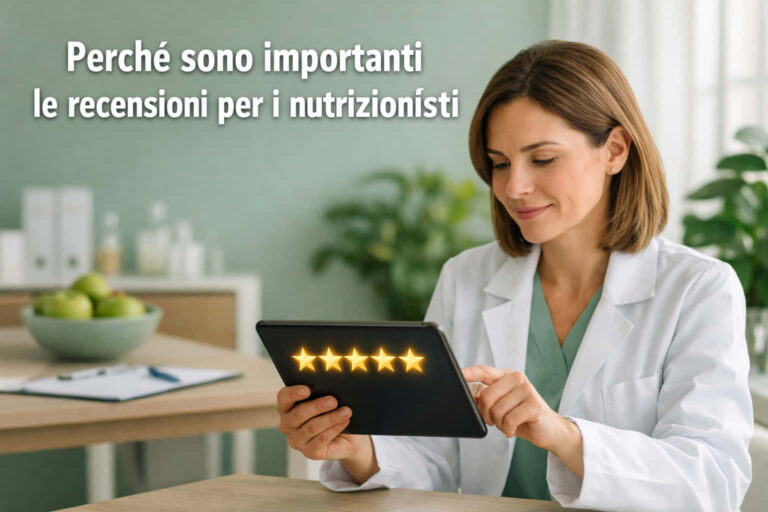 Una nutrizionista in camice bianco sorride mentre utilizza un tablet con cinque stelle. Il testo in italiano recita: Perché sono importanti le recensioni per i nutrizionisti. Sulla scrivania si trova una ciotola di mele verdi.