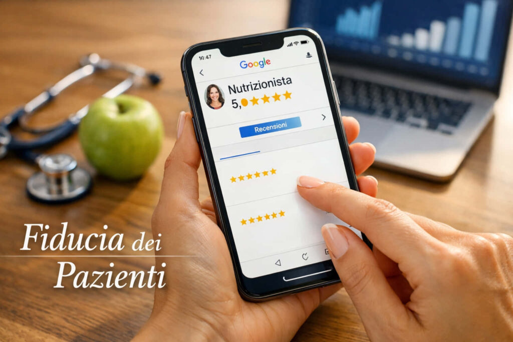 Una persona tiene in mano uno smartphone che visualizza una recensione di un nutrizionista a 5 stelle su Google. Sullo sfondo ci sono uno stetoscopio, una mela verde e un computer portatile con una tabella. Il testo italiano recita Fiducia dei Pazienti.