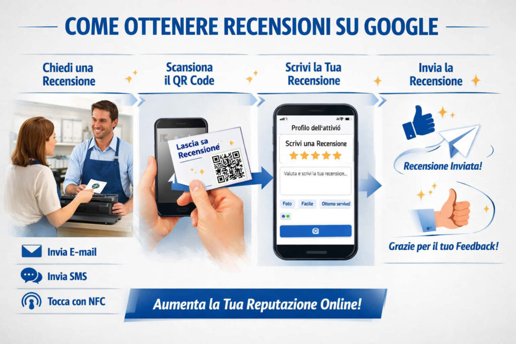 Infografica che mostra i passaggi per ottenere recensioni su Google: chiedere una recensione, scansionare un codice QR, scrivere la recensione su uno smartphone e inviarla. Le icone rappresentano le opzioni e-mail, SMS e NFC, con un messaggio di ringraziamento alla fine.