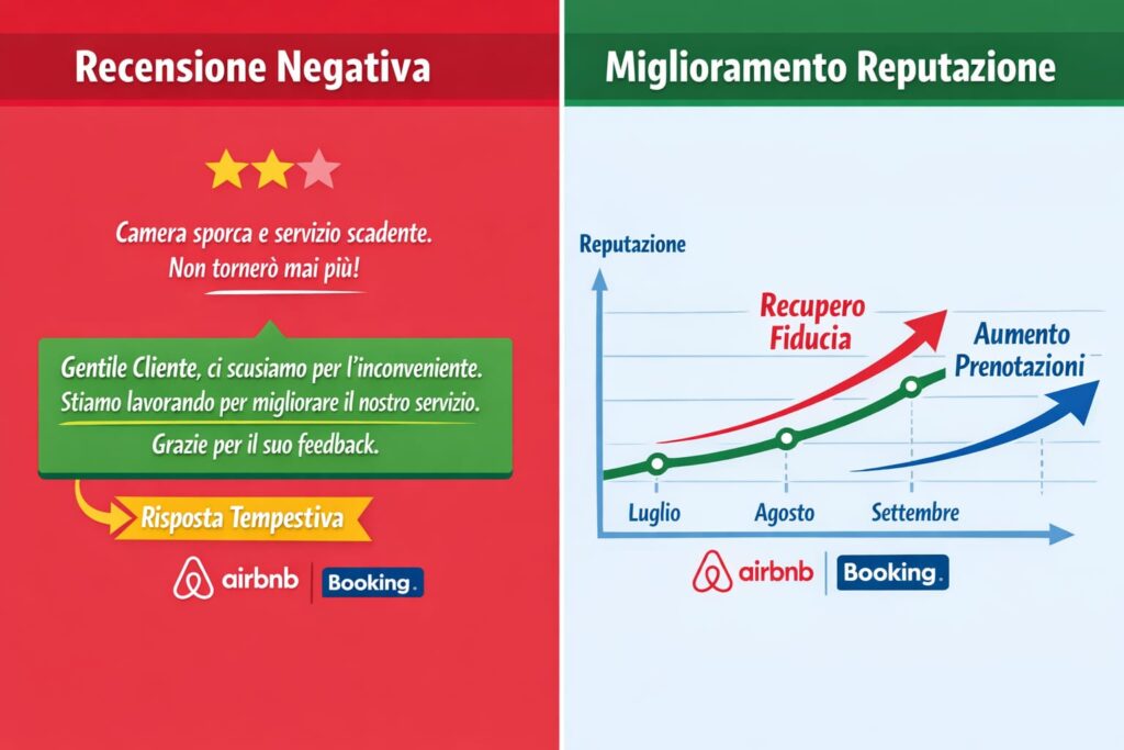 Un'immagine divisa: il lato sinistro mostra una recensione negativa con poche stelle e un reclamo per un servizio scadente; il lato destro mostra un grafico crescente di reputazione, recupero della fiducia e aumento delle prenotazioni dopo una risposta tempestiva. I loghi di Airbnb e Booking.com appaiono su entrambi i lati.