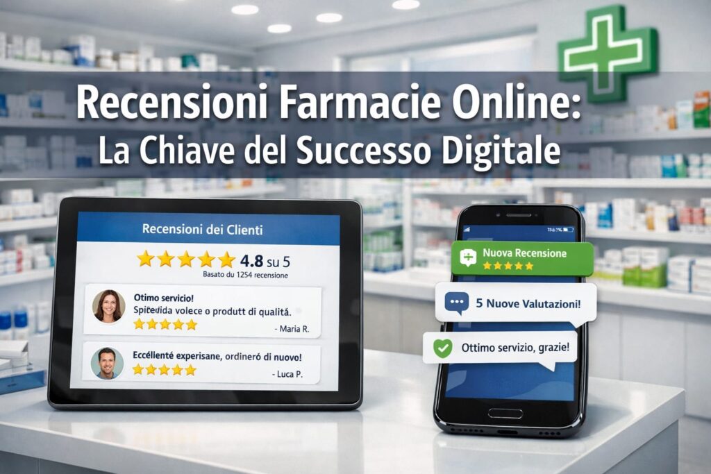 Tablet e smartphone digitali visualizzano le recensioni e le valutazioni dei clienti di una farmacia online, sullo sfondo di un moderno interno di farmacia con scaffali di medicinali e un'insegna a forma di croce verde.