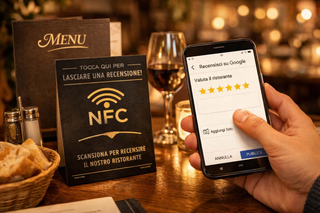 Una persona tiene in mano uno smartphone e lascia una recensione a 5 stelle su Google per un ristorante. Sul tavolo ci sono pane, vino, un menu e un cartello che invita i clienti a scansionare la recensione utilizzando la tecnologia NFC.