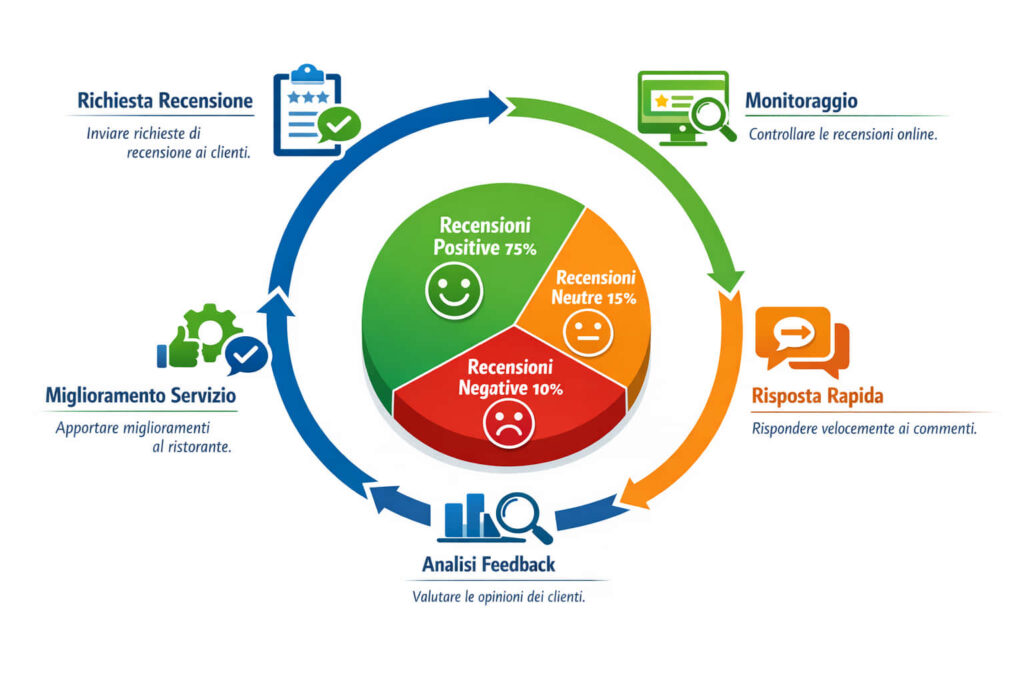 Diagramma di un processo di feedback dei clienti per un ristorante, che mostra le fasi: richiesta di recensioni, monitoraggio delle recensioni, risposta rapida, analisi del feedback, miglioramento del servizio. Il grafico a torta centrale mostra il 75% di recensioni positive, il 15% di recensioni neutre e il 10% di recensioni negative.