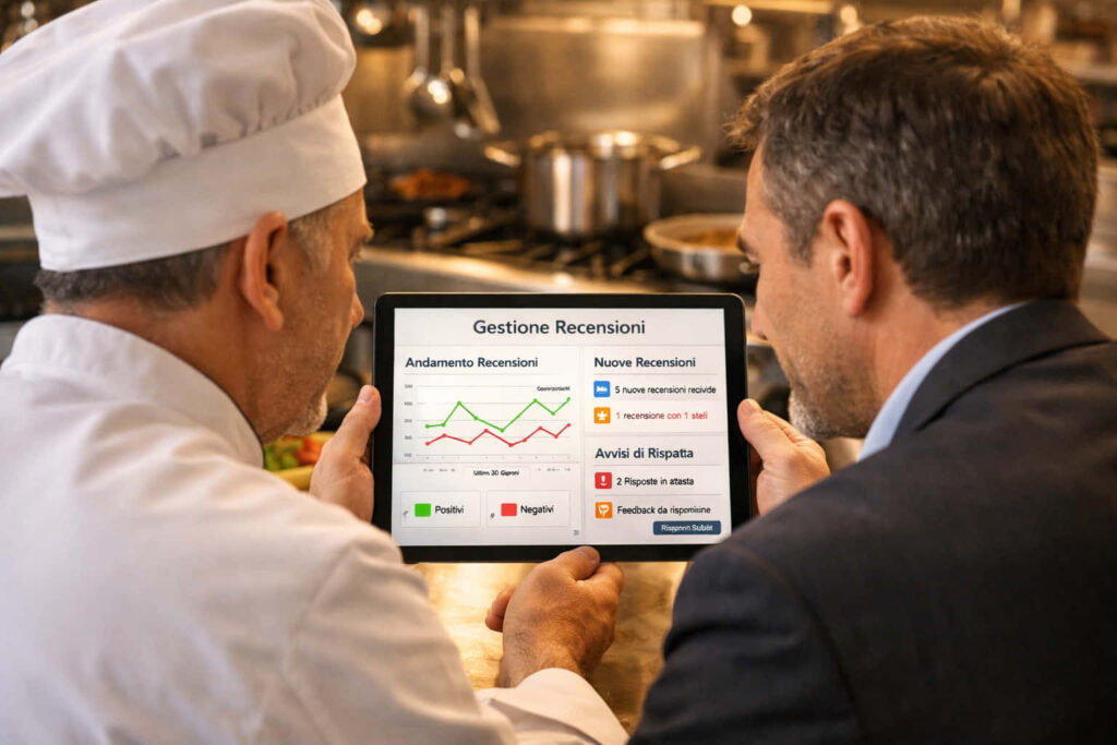 Uno chef e un uomo in giacca e cravatta guardano un tablet che visualizza un cruscotto di gestione delle revisioni con grafici e testo in italiano, in un ambiente di cucina professionale.