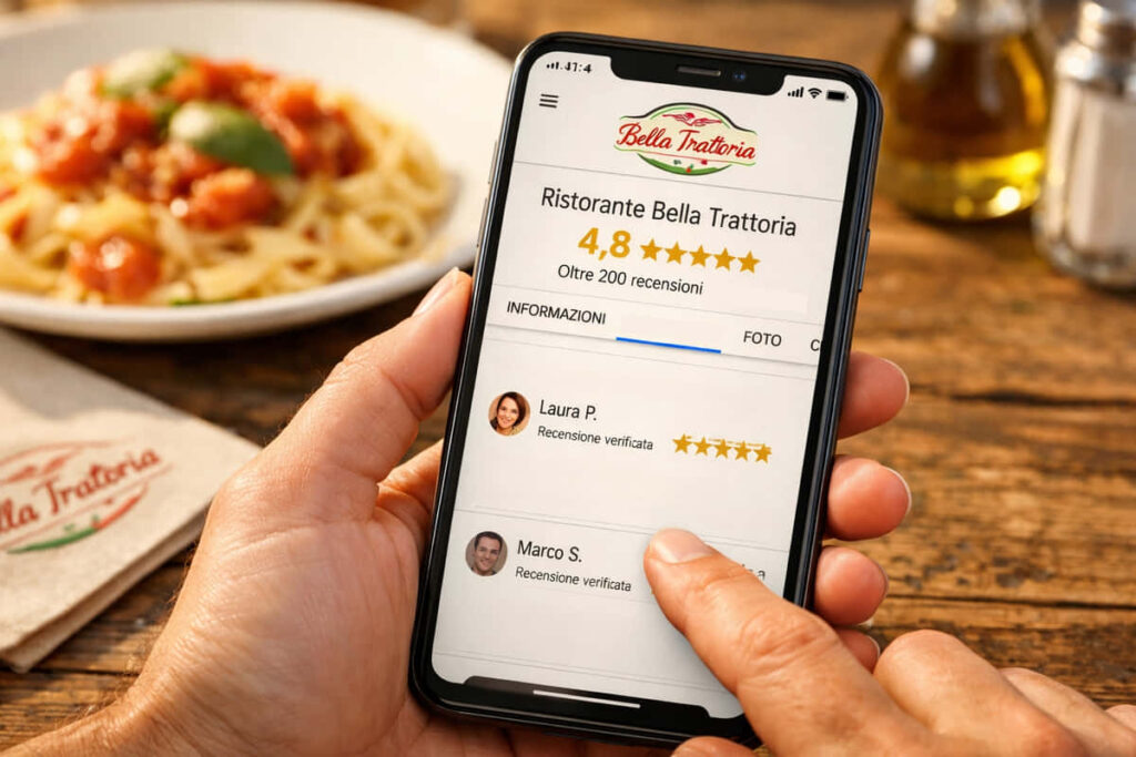 Una mano regge uno smartphone che mostra le recensioni del Ristorante Bella Trattoria con una valutazione di 4,8 stelle. Sullo sfondo, un piatto di pasta e un tovagliolo su un tavolo di legno.